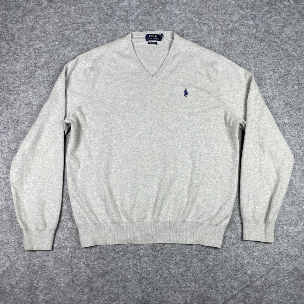 Polo Ralph Lauren Sweater Mens XL Grey Pima Cotton V-Neck Long Sleeve Classic
